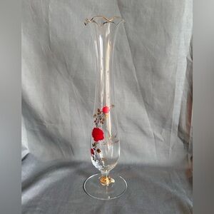 Fenton 40th Anniversary Clear Glass Bud Vase Roses Ruffle Edge Gold Trim 10.3”